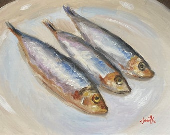 Original oil painting Three Fish On a Plate Minimalist Contemporary Artwork. J Smith.