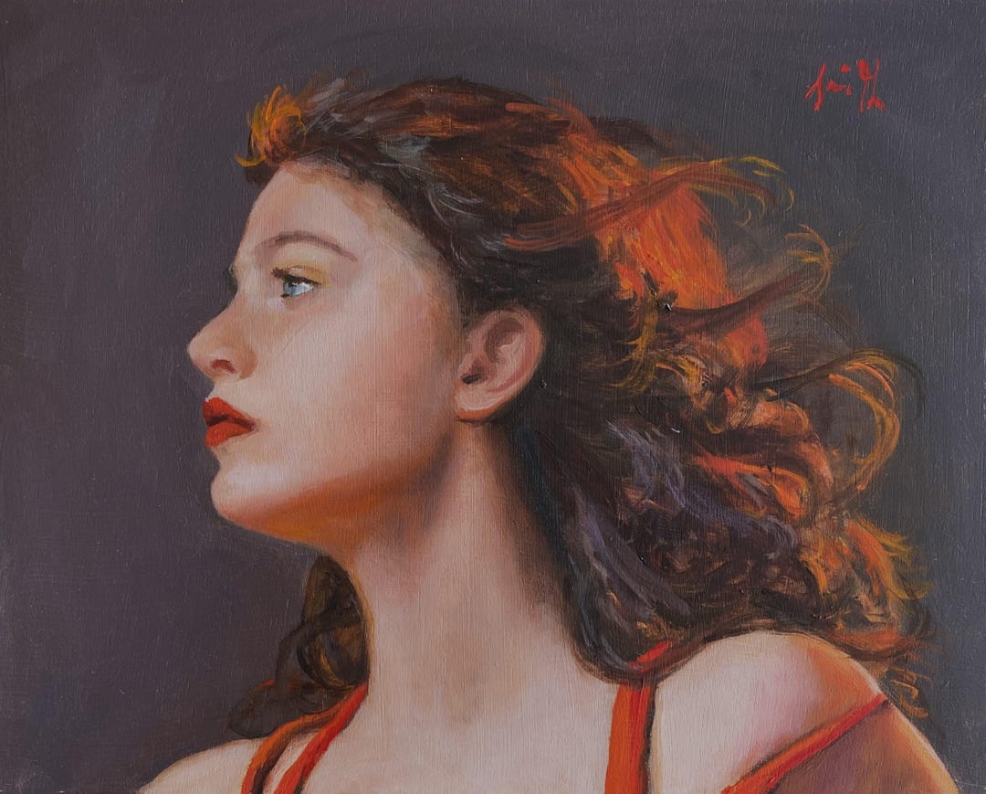 Original Oil Painting Contemporary Young Woman Portrait Red Dress ...