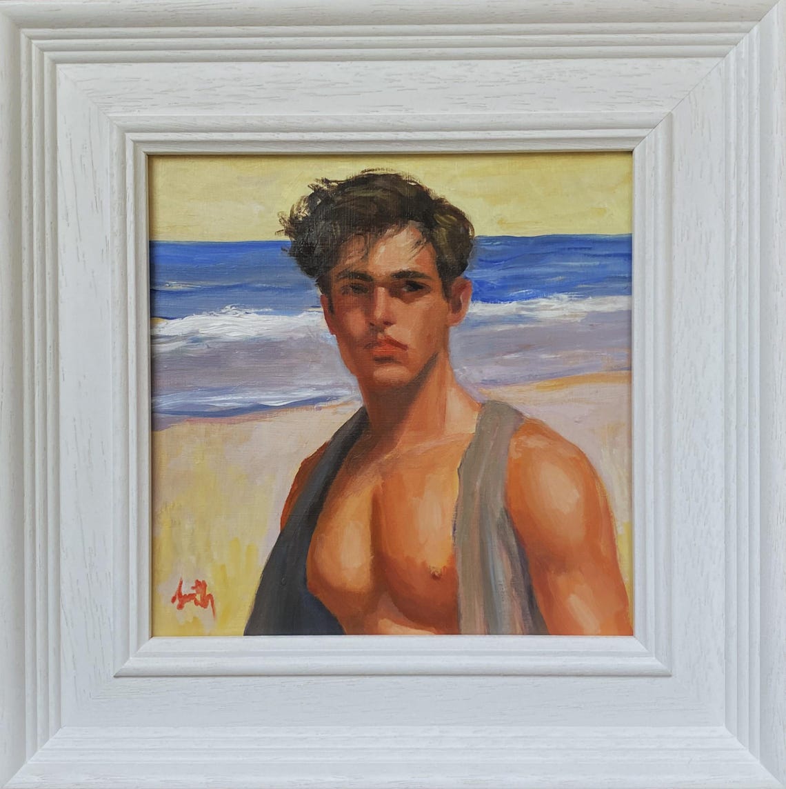 Original Oil Painting Young Man on a Summer Beach, Framed. - Etsy