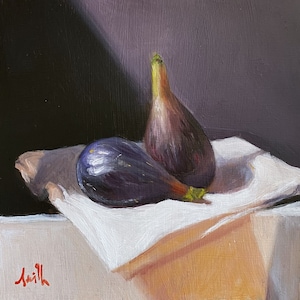 Original oil painting Figs on Folded Vintage Linen. Still Life Ideal gift or home décor, direct from J Smith