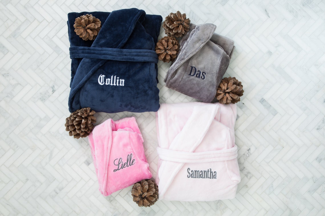 LIGHT GREY Plush Bathrobe Personalized Robe, Monogrammed His and Hers Robes, Mr. and Mrs. Robes