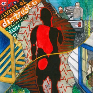 May include: Watercolor painting featuring a silhouetted figure in black with red accents, running. The artwork incorporates fragmented elements, including text with words like "fear" and "distrust," and figures in the background. Signed "David Ralph".