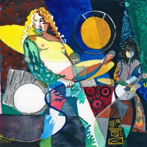 5x7 PRINT &quot;70s Rock Band&quot; Watercolor Painting by David Ralph (8x10 Mat)