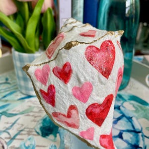 Valentine Themed Whelk Shell Art | Handmade Coastal Decor | Pink Red Hearts | Glitter Shell | Romantic Beach Cottage Gift