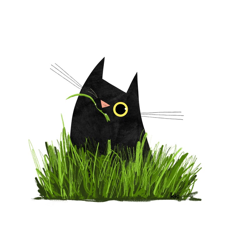 Cat Grass Print Black Cat Illustration Cute Cat Art Etsy