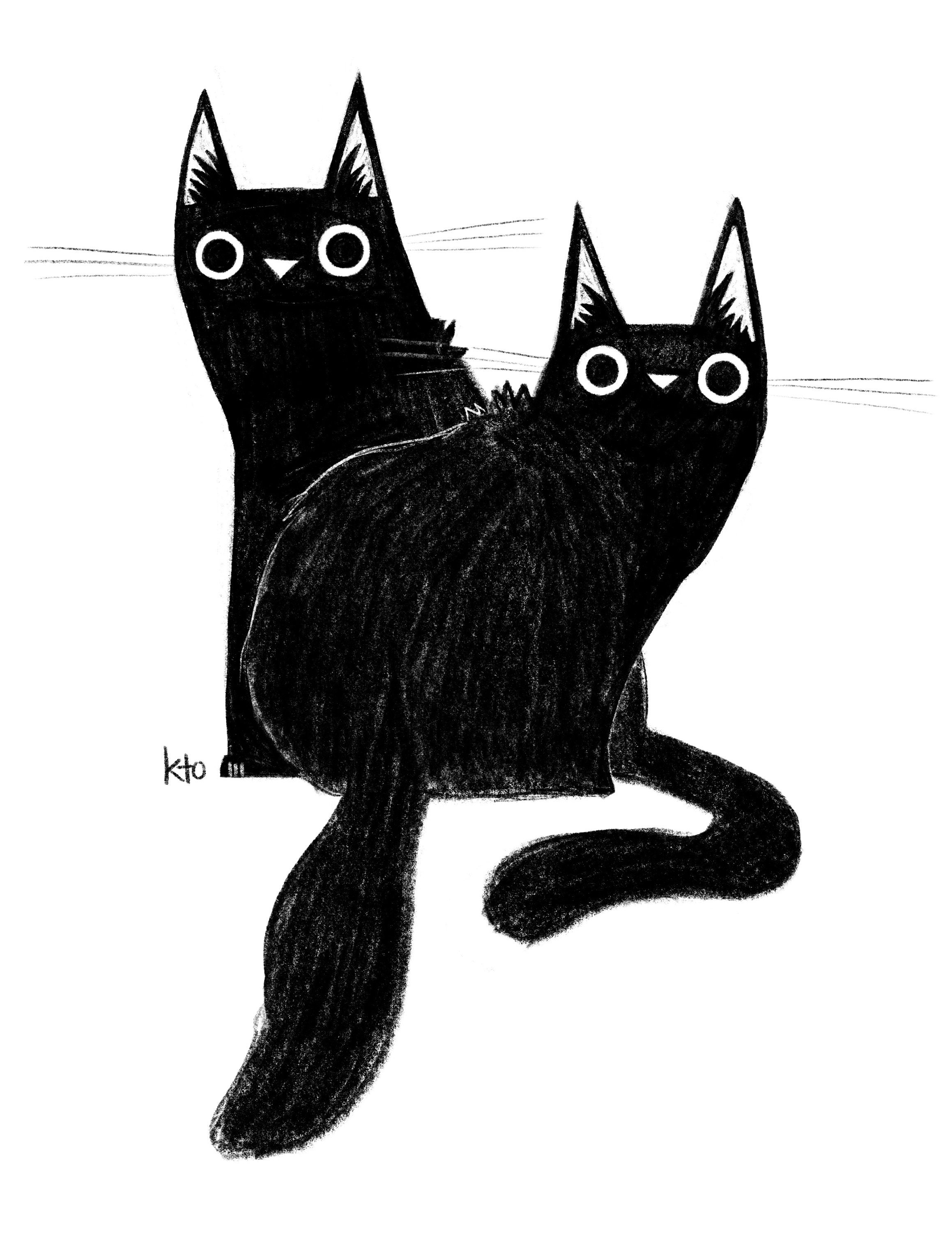 Black Cat 13 DUBBELE collageprint - illustratie zwarte kat oktoberkat -  schattige kunst - kattenliefhebber, image size:2318x3000