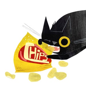 Cat Crispy Chips Print - Black Cat Illustration - Cute Cat Art