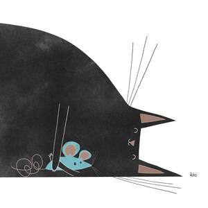 Cat Art Print - Hugs - Black Cat Mouse - Cat Illustration - Cute Cat Art - Happy Cat Art