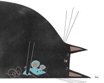 Cat Art Print - Hugs - Black Cat Mouse - Cat Illustration - Cute Cat Art - Happy Cat Art