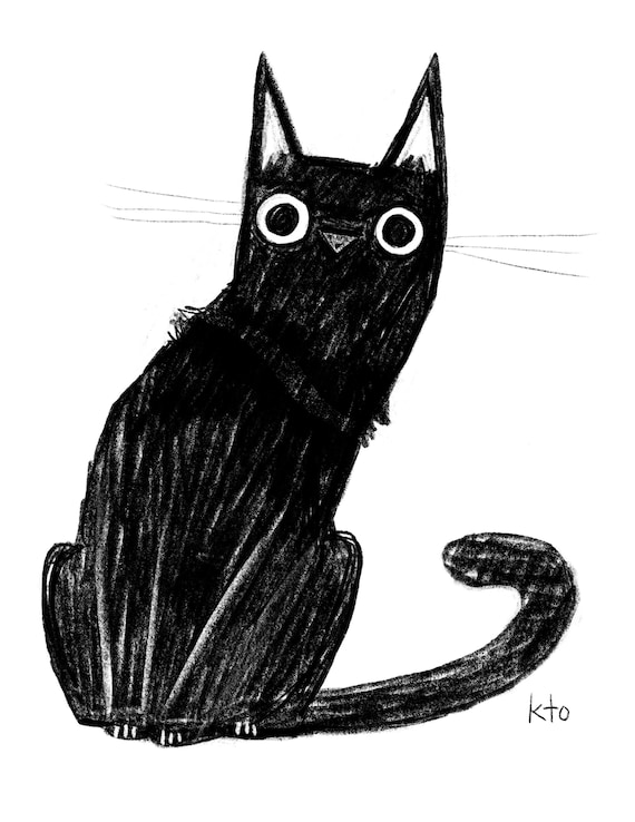 黒猫 07 好奇心旺盛なコラージュプリント - 黒猫 10月 猫のイラスト
