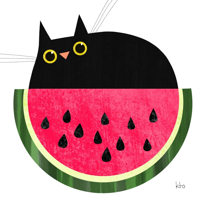 Catermelon Cute Cat Art Watermelon Print Cat illustration Summer Art Print image 1