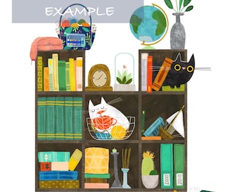 CUSTOM 8x10 Two Cats In A Bookcase Art Print - Cat Illustration - Cat Lover Gift