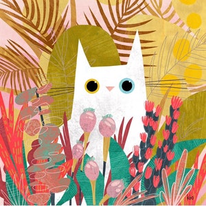 Pink Gold Cat Art Print Illustration Cat Lover Gift White