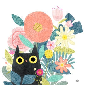 12x12 Flower Cat Art Print - Illustration - Cat Lover Gift