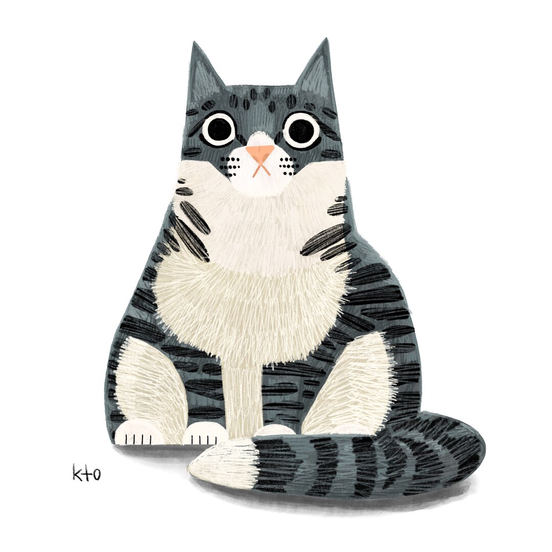 Grey Tabby Cat - Cute Art Print - Cat Lover - Cat Illustration - Etsy