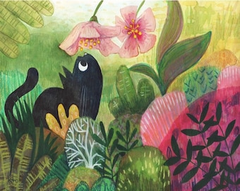 May include: A black cat with large, round eyes looks up at a pink flower with yellow centers. The cat is surrounded by green and brown foliage.