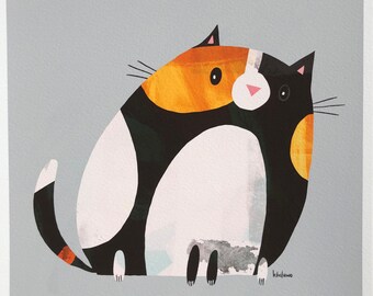 May include: A stylized illustration of a black, white, and orange cat with a round, plump body. The cat is sitting on a gray background.