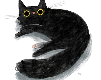 Black Cat Sunday Lounge Print - Art Illustration - Cat Drawing - Cat Lover