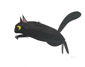 Black Cat 06 LEAP Collage Print - Black Cat October Cat Illustration - Cute Art - Cat Lover