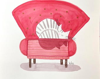 Red Chair Tabby ORIGINAL 8" x 8" Cat Watercolor Artwork