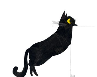 Black Cat Sneaky Peeky Print - Cat Illustration - Cute Art - Cat Lover