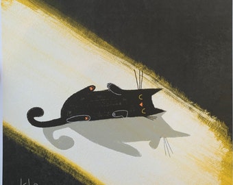 Black Cat Illustration - Cute Art Print - Sunlight Swipe of Color