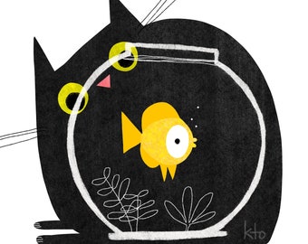 12x12 Goldfish Cat Art Print - Illustration - Cat Lover Gift