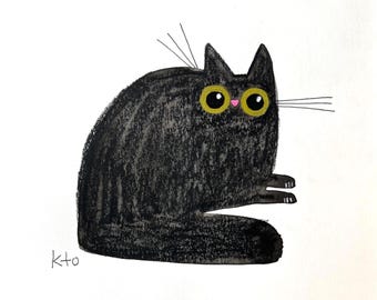Charcoal Cat ORIGINAL Watercolor Charcoal Artwork