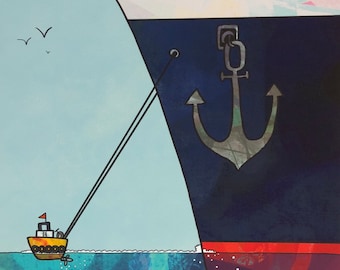 Cute Art Print - Boat Print - Nursery Art - Nursery Boat - Ocean Print - Tugboat Print - Colorful Art - Tugboat at Work - Kids Room Print