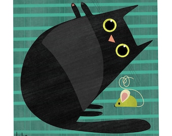 Cat And Mouse - Cute Art Print - Cat Lover Gift - Black Cat Happy Illustration