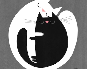 Cat Art Print - Hugs - Black Cat White Cat - Cat Illustration - Cute Cat Art - Happy Cats Art