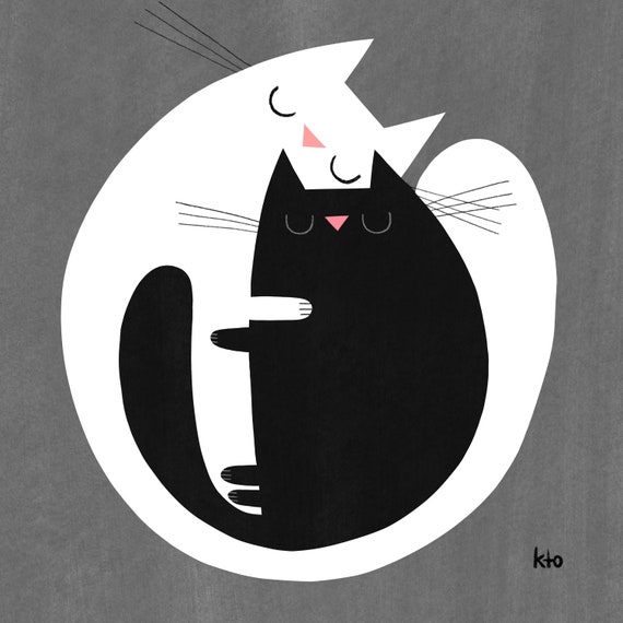 Helligdom klasselærer tilnærmelse Cat Art Print Hugs Black Cat White Cat Cat Illustration - Etsy