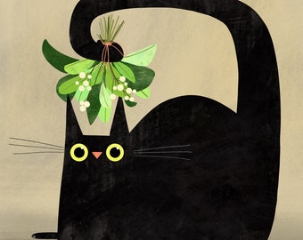 Mistletoe Cat Print - Art Illustration - Black Cat