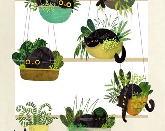 Seven Black Cats Hanging Plants Print - 7 Cat Illustration - Cat Lover Gift