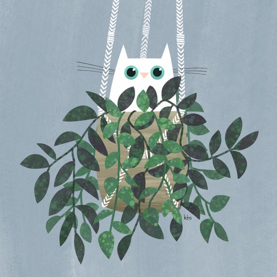 Macramé Cat Illustration Print - Cute Art Print - Cat in Plants - Cat Lover Gift