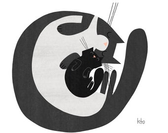 Big Little Cats Snuggle Art Print - Hugs - Black Cat Tuxedo Cat - Cat Illustration - Cute Cat Art - Happy Cats Art