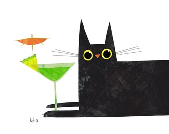 Umbrella Drink Cat Print - Collage illustration Art - Black Cat Lover Gift