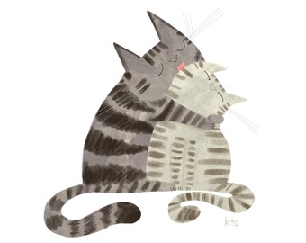 Kissy Face Cats - Cat Illustration - Cute Cat Art - Happy Cats Art