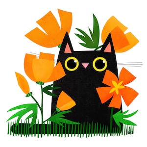 Cute Cat Art - Poppy Cat Print - Cat Illustration -  California Poppies - Cat Lover - Flower Lover