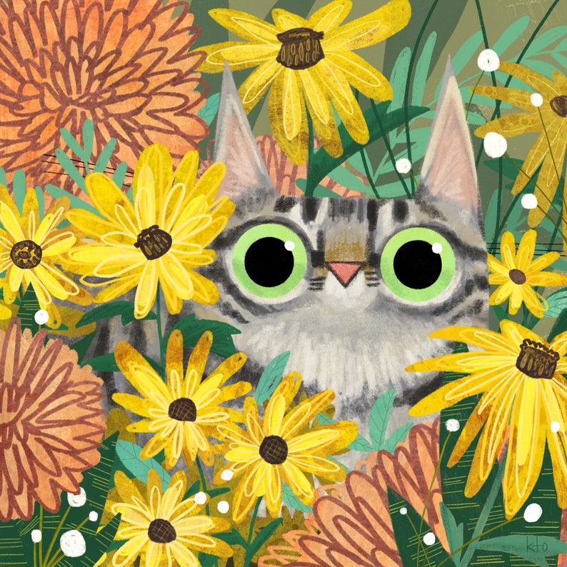 Wildflower Cat Art Print black eyed susans Illustration Cat Lover Gift Grey Tabby