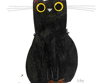 Black Cat 09 BRING Collage Print - Black Cat October Cat Illustration - Cute Art - Cat Lover