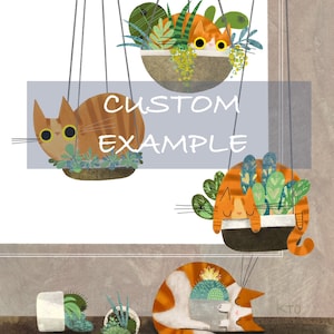 Four Cats Hanging Plants Print - 4 Cat Illustration - Cat Lover Gift