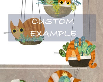 CUSTOM 8x10 Four Cats Hanging Plants Print - 4 Cat Illustration - Cat Lover Gift