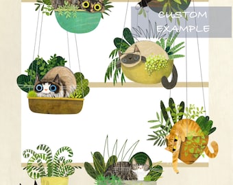 CUSTOM 8x10 Seven Cats Hanging Plants Print - 7 Cat Illustration - Cat Lover Gift