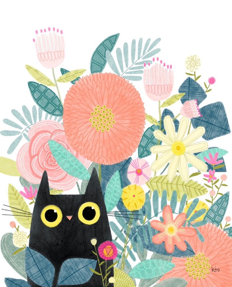 Flower Cat Pencil Illustration Print Cat Lover Gift Etsy
