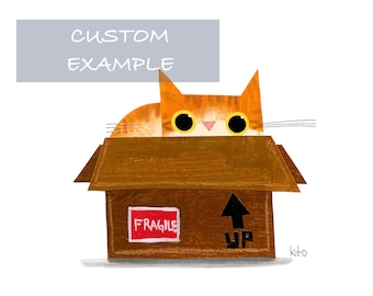 Puede incluir: Un gato jengibre asomándose a una caja de cartón marrón con las palabras "Fragile" y "Arriba" impresas en ella. La caja está sobre un fondo blanco.