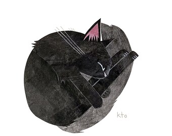 Black Cat 11 CURL Collage Print - Black Cat October Cat Illustration - Cute Art - Cat Lover