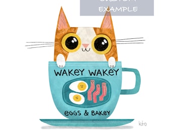 CUSTOM 8x8 Breakfast Cat Cute Art Print - Cat Lovers - Coffee Lovers - Cat Illustration - Coffee Art - Cat Art- Kitchen Print