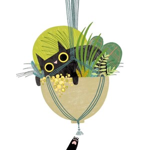 Cat Plant Pot Paw Art Print - Cute Cat Illustration - Black Cat - Cat Lover Gift
