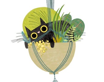 Cat Plant Pot Paw Art Print - Cute Cat Illustration - Black Cat - Cat Lover Gift